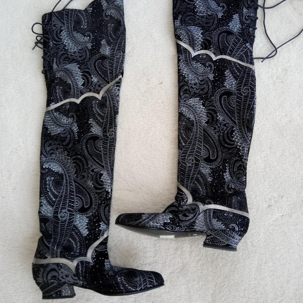 Thigh-High - Vintage Beverly Feldman -- Black + Silver Suede Boots -- Never Worn